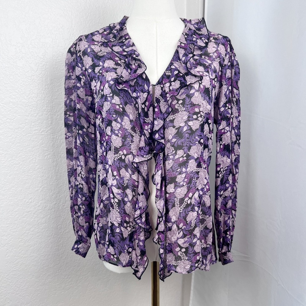 Y2K Fairy Sheer Silk Top Womens 8 Purple Floral Ruffle Romantic Whimsical VTG